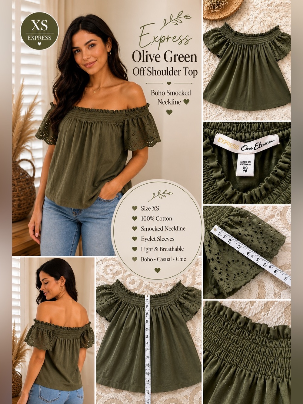 Express Olive Green Off Shoulder Cotton Boho Smocked Top XS - Picture 2 of 11
